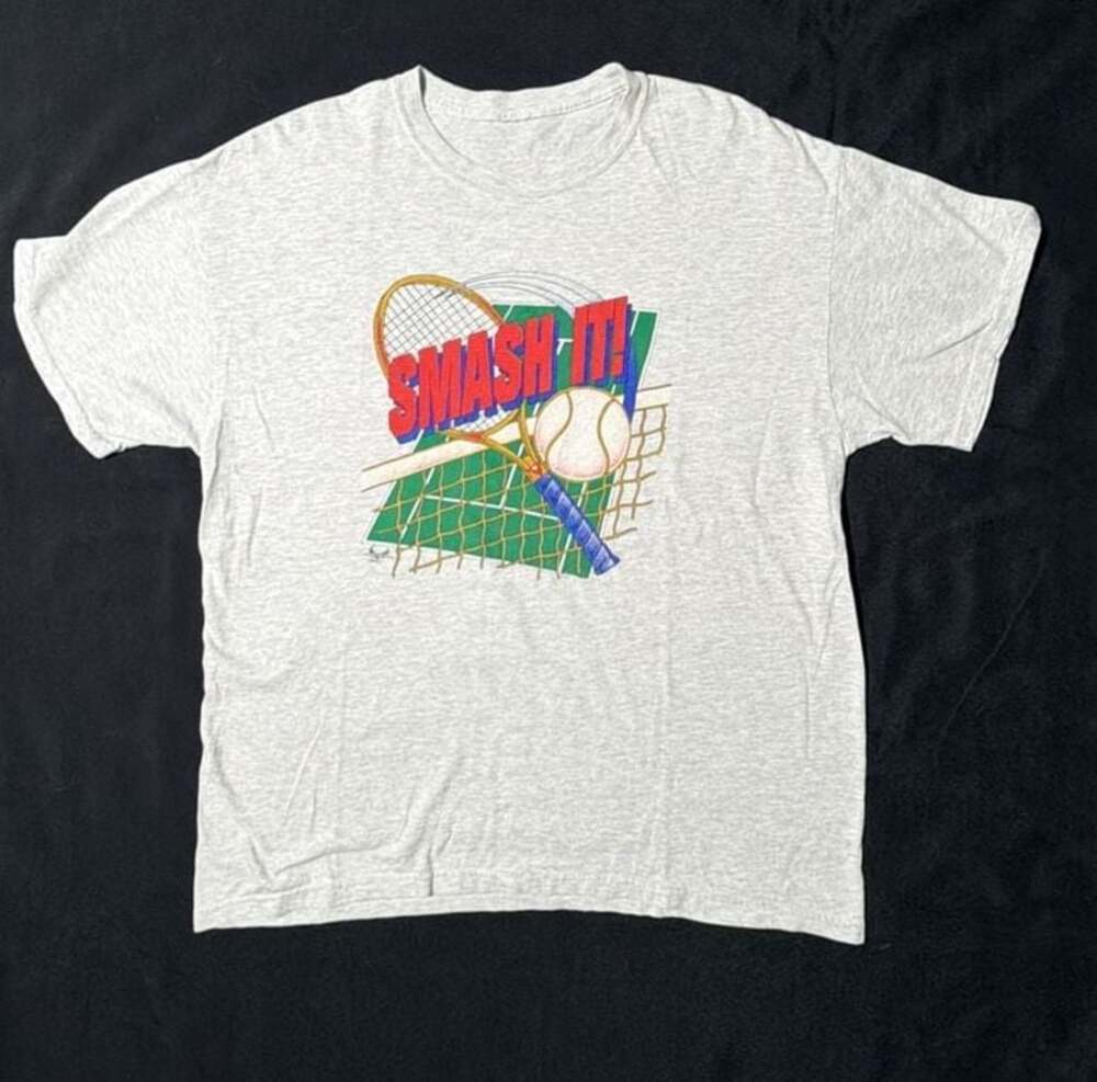 Vintage 1990 Smash It! Tennis Graphic T-Shirt Gray Size XL